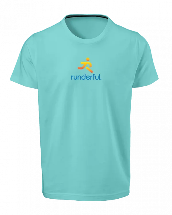Runderful logo on front of Aqua Blue polyester tshirt