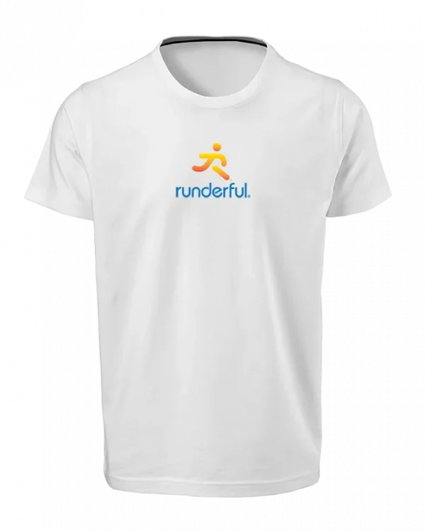 Runderful logo on front of white polyester tshirt