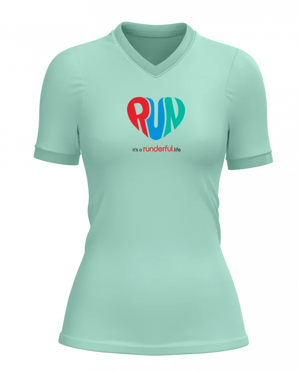colorful RUN design on front of mint polyester tshirt