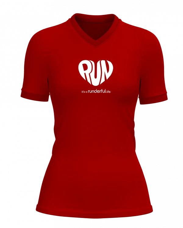 Run design on Red polyester vneck shirt