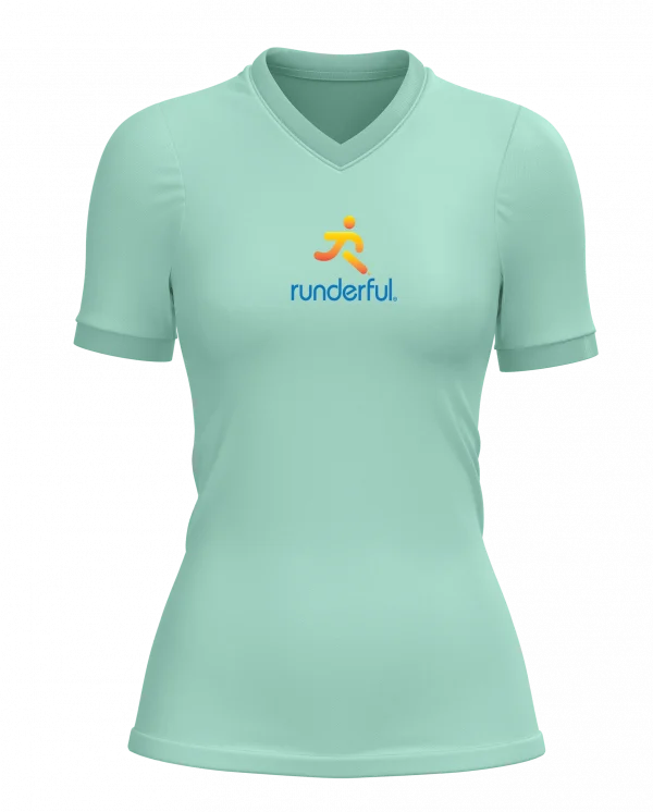 Runderful logo on front of mint polyester shirt