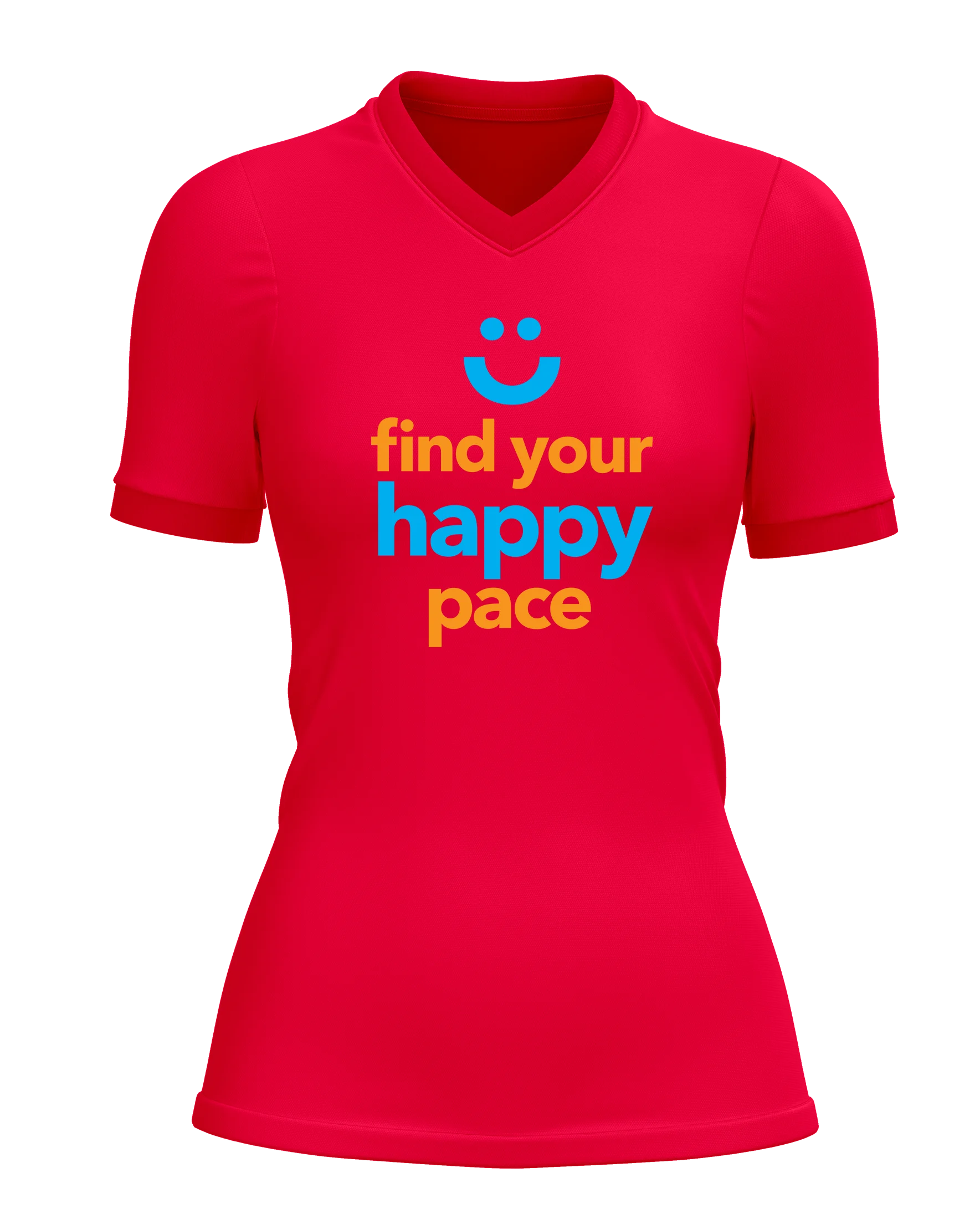 Womens-Runderful® Happy Pace-Coral-Front find your happy place design on runderful polyester tshirt