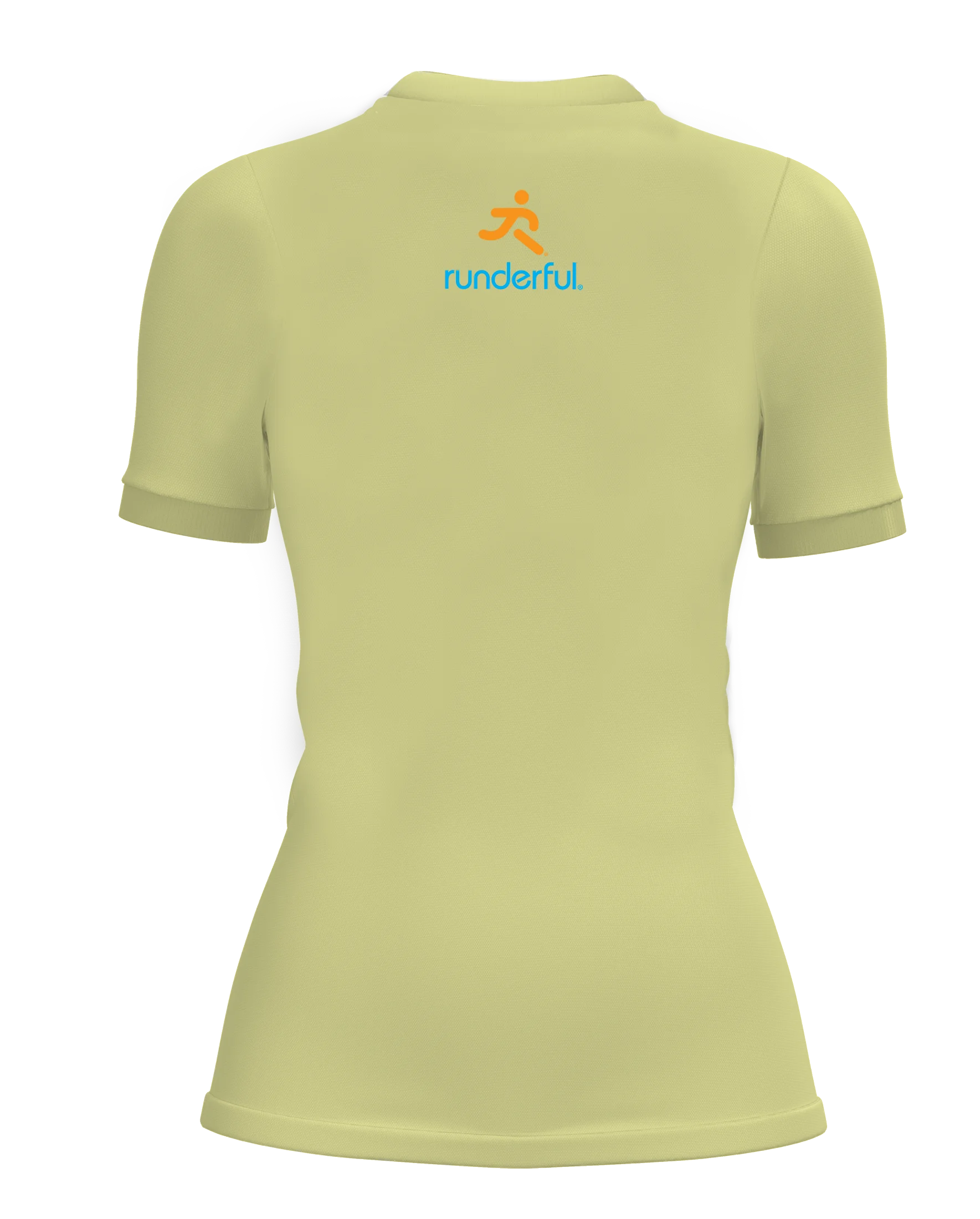 Womens-Runderful® Happy Pace-Pastel Yellow-Back small runderfull® logo design on back of tshirt