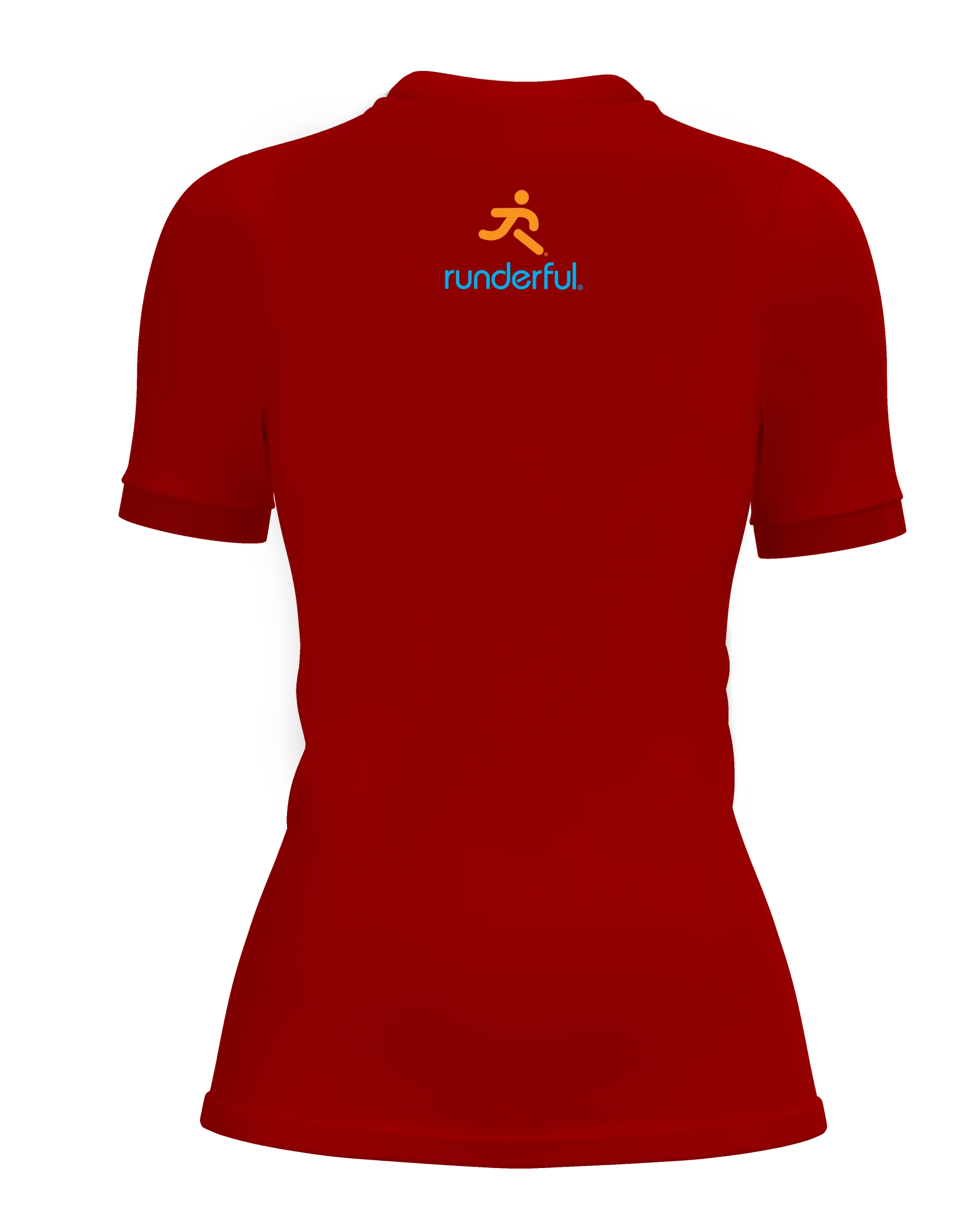 Womens-Runderful® Happy Pace-Red-Back small runderfull® logo design on back of tshirt