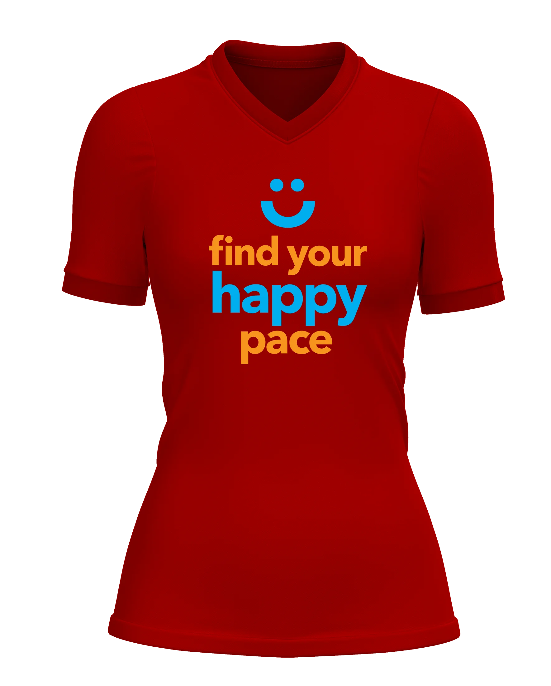 Womens-Runderful® Happy Pace-Red-Front find your happy place design on runderful polyester tshirt
