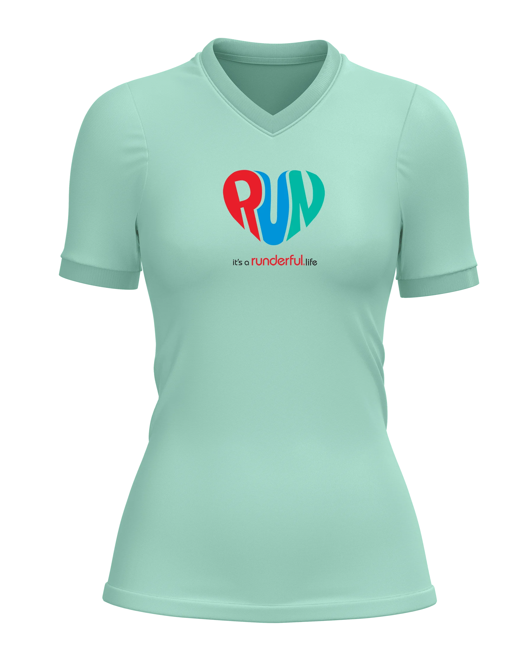 colorful RUN design on front of mint polyester tshirt