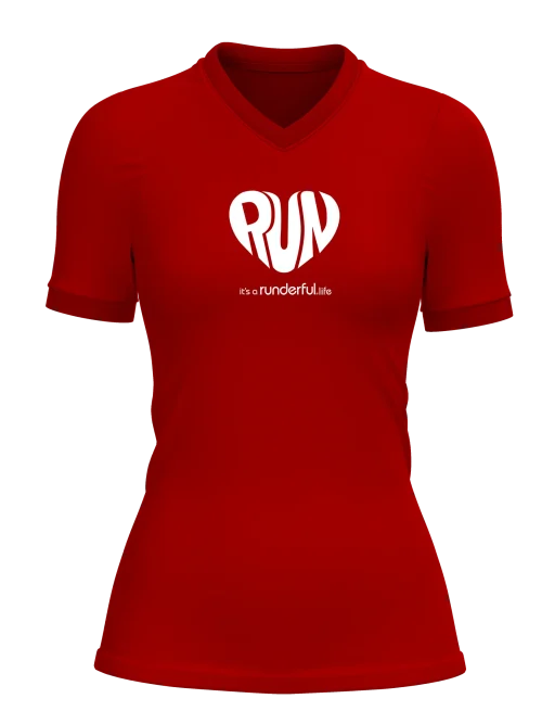 Run design on Red polyester vneck shirt