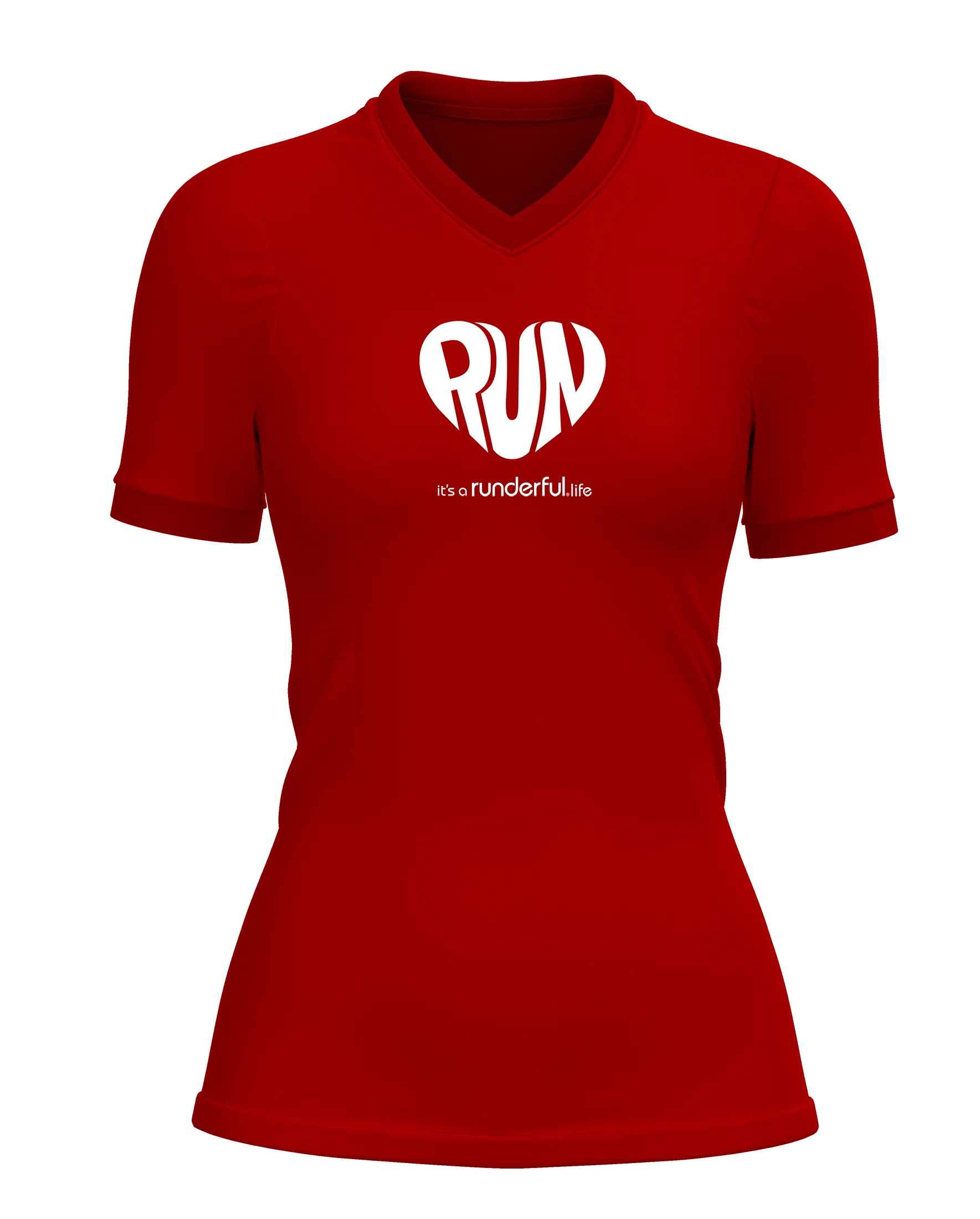 Run design on Red polyester vneck shirt