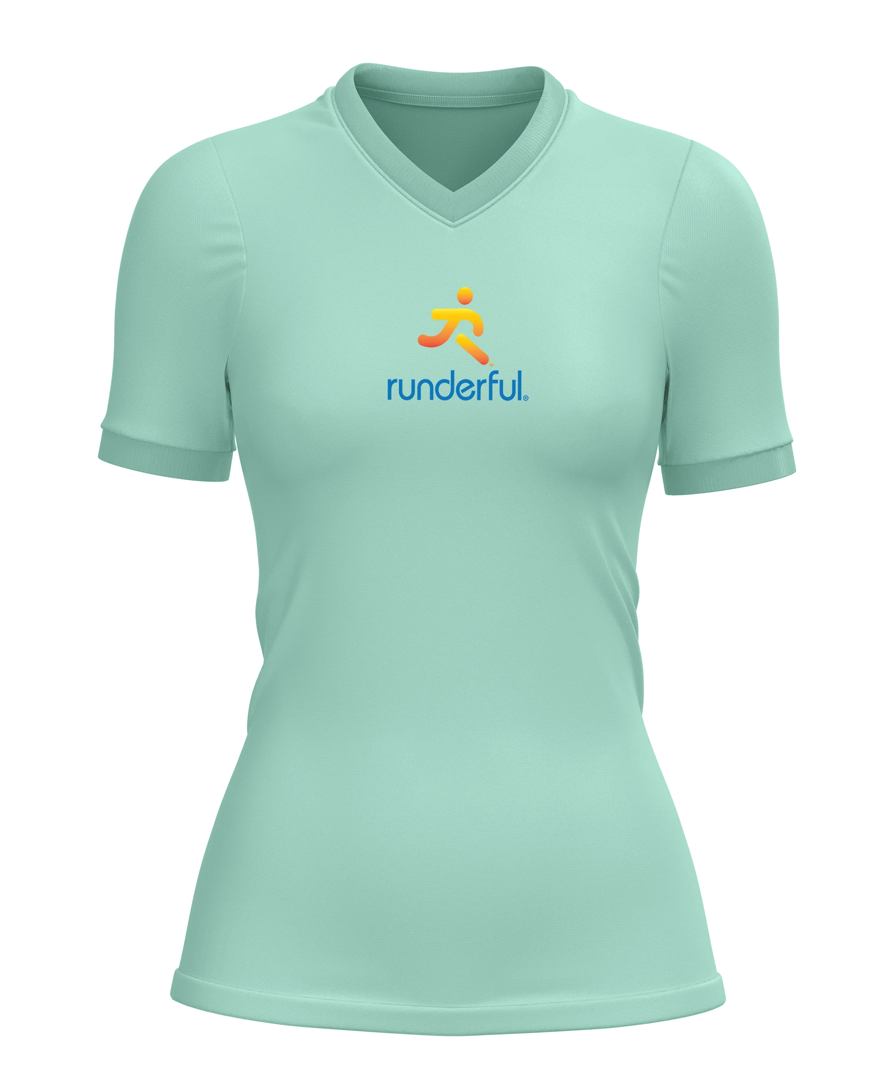 Runderful logo on front of mint polyester shirt